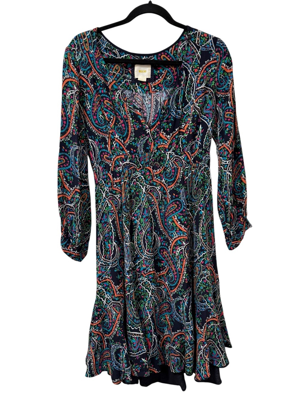 Mauve Anthropologie paisley fit flare dress SMALL boho midi long sleeve v-neck